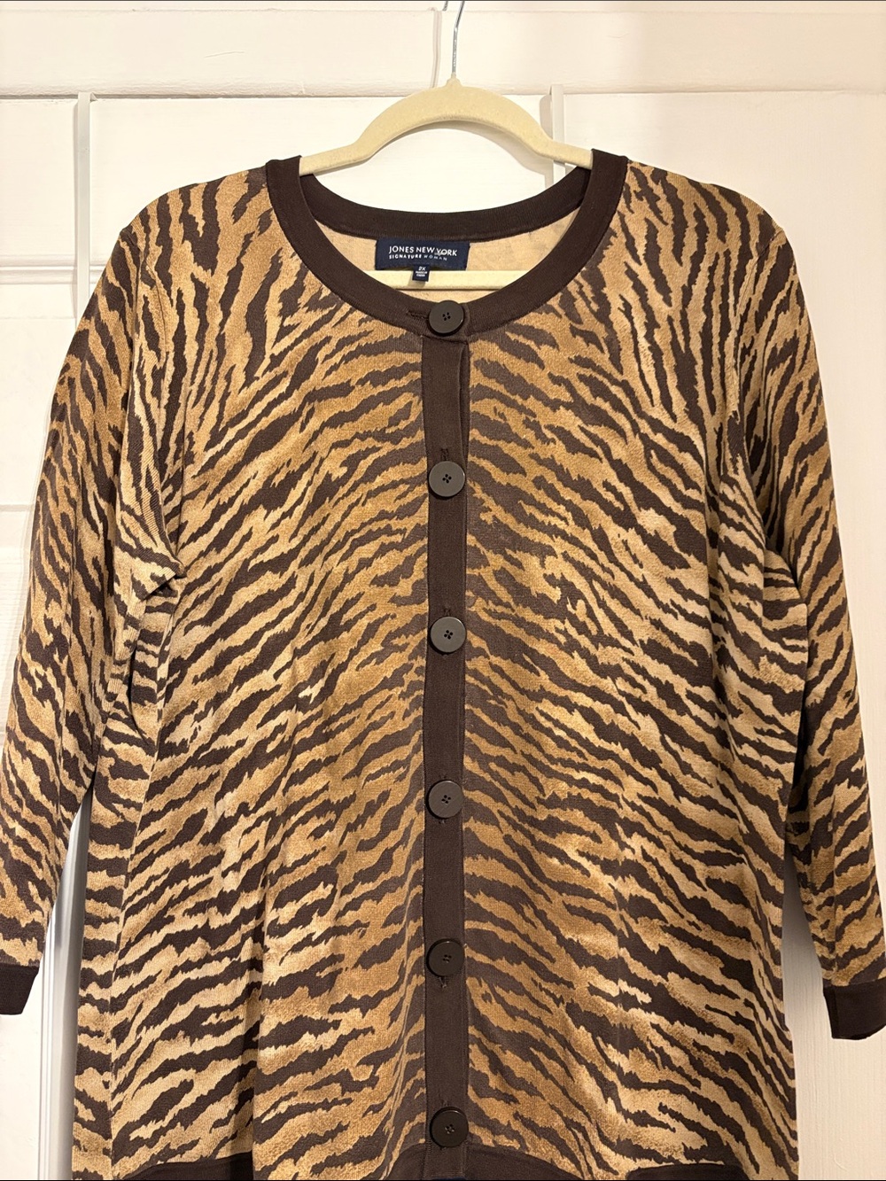 Jones New York Brown and Tan Tiger-Print Cardigan 2X Pit to Pit 24 length 26 in